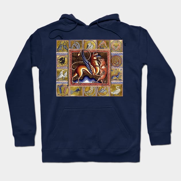 MEDIEVAL BESTIARY,GRYPHON AND WILD BOAR,FANTASTIC ANIMALS IN GOLD RED BLUE COLORS Hoodie by BulganLumini